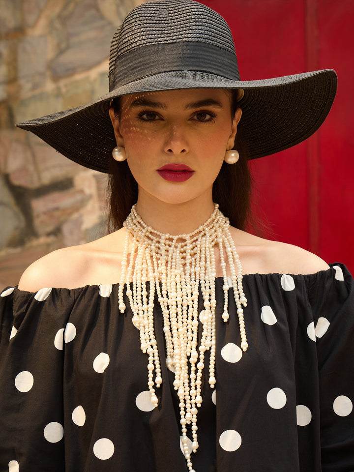 Women Black &amp; White Big Polka Dot Off Shoulder Short Dress