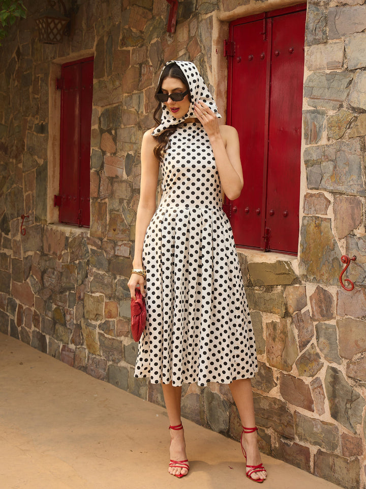 Women White &amp; Black Small Polka Smoking Low Waist Midi Dress