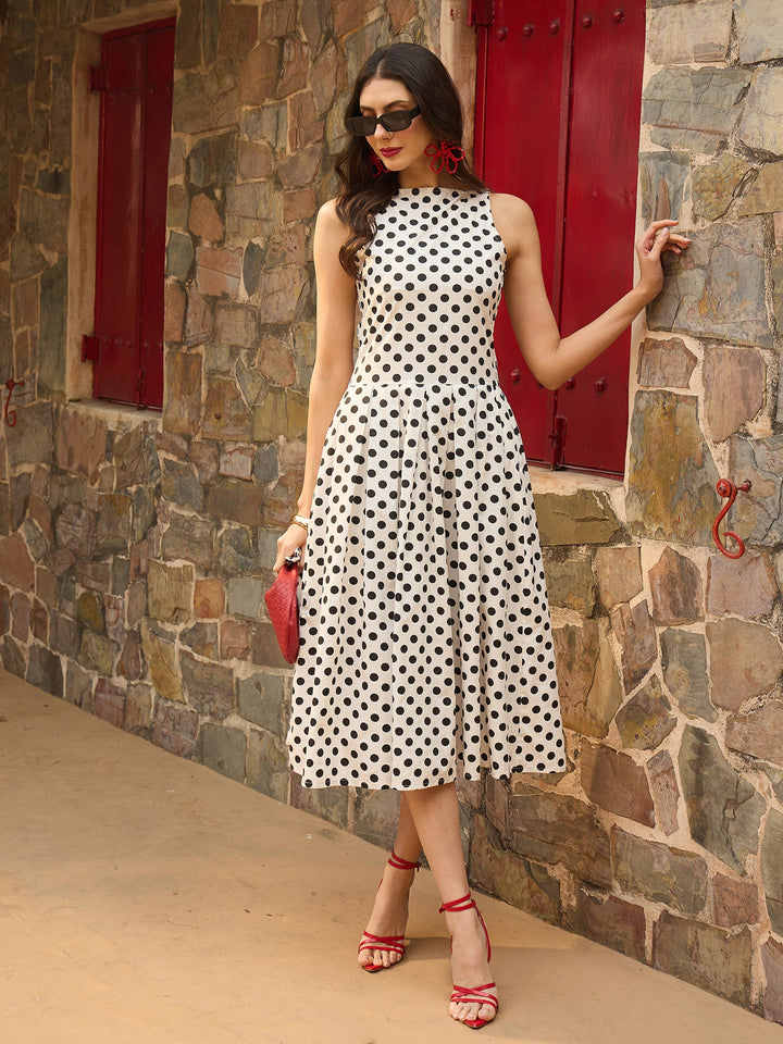 Women White &amp; Black Small Polka Smoking Low Waist Midi Dress