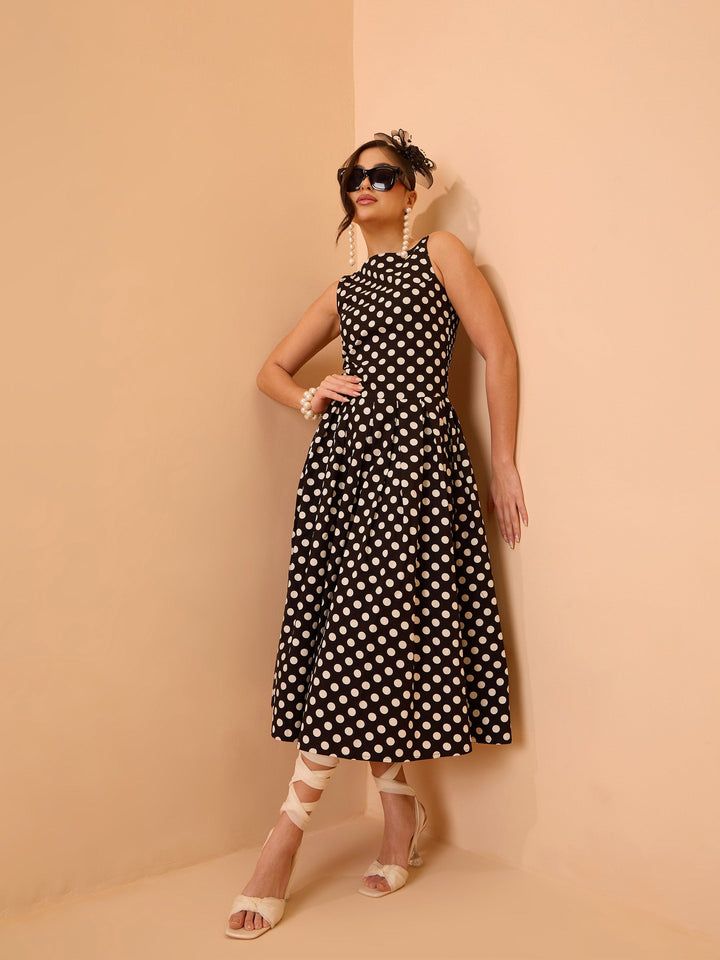 Women Black &amp; White Small Polka Smoking Low Waist Midi Dress