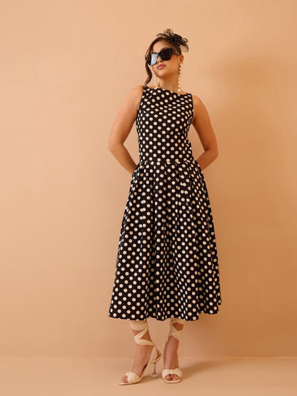 Women Black & White Small Polka Smoking Low Waist Midi Dress