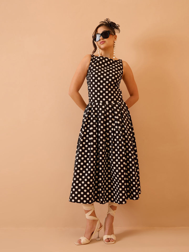 Women Black &amp; White Small Polka Smoking Low Waist Midi Dress