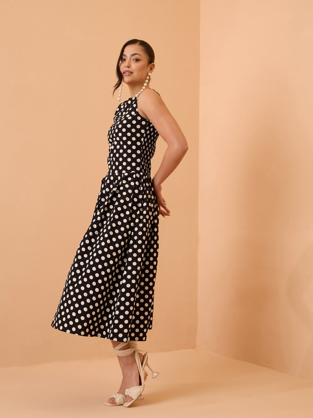 Women Black &amp; White Small Polka Smoking Low Waist Midi Dress