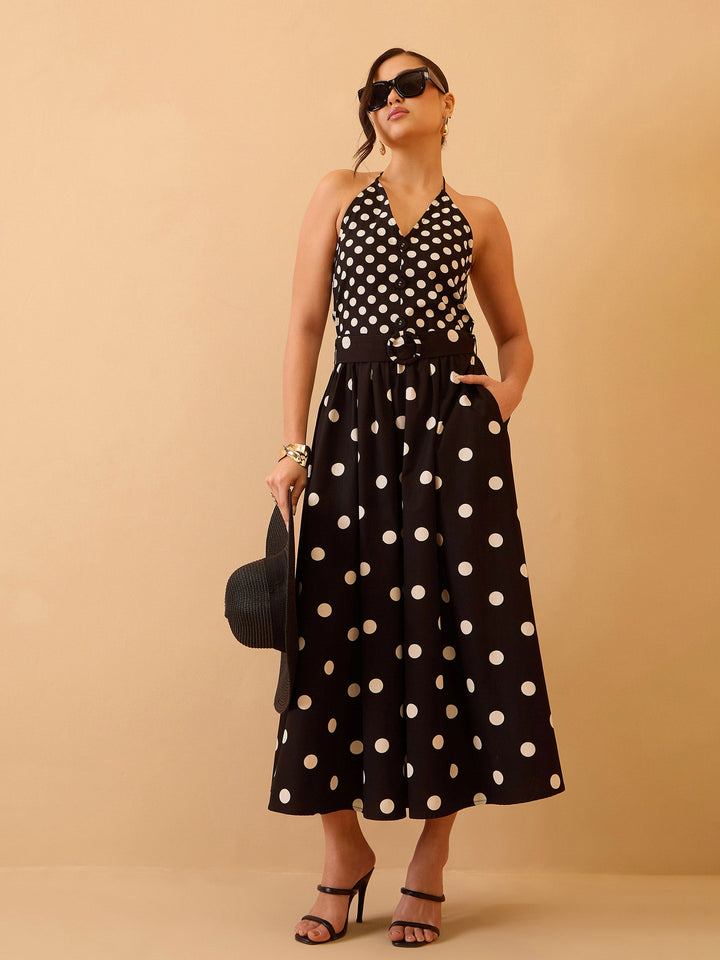 Women Black &amp; White Polka Dot Halter Neck Midi Dress