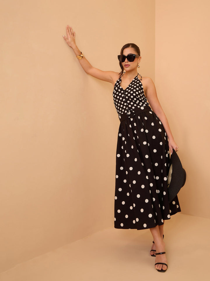 Women Black &amp; White Polka Dot Halter Neck Midi Dress