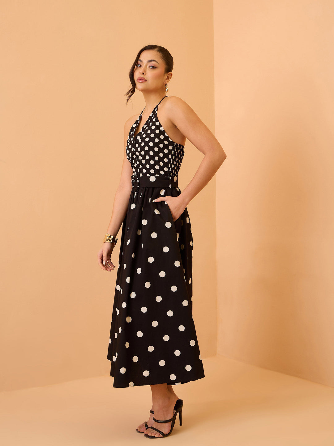 Women Black &amp; White Polka Dot Halter Neck Midi Dress