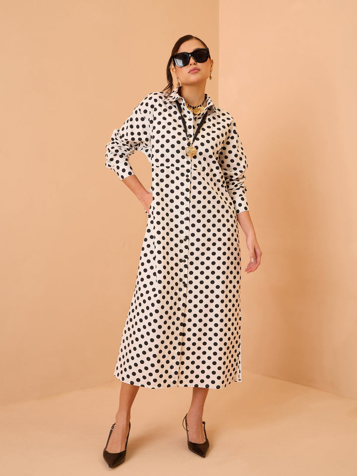 Women White &amp; Black Small Polka Dot Longline Shirt Dress