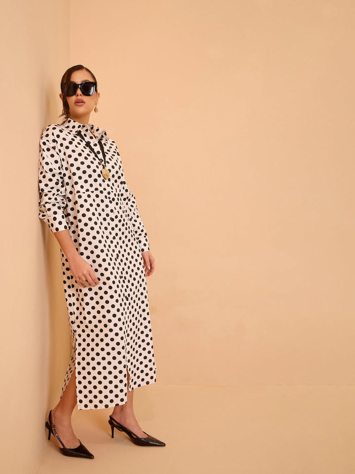 Women White &amp; Black Small Polka Dot Longline Shirt Dress
