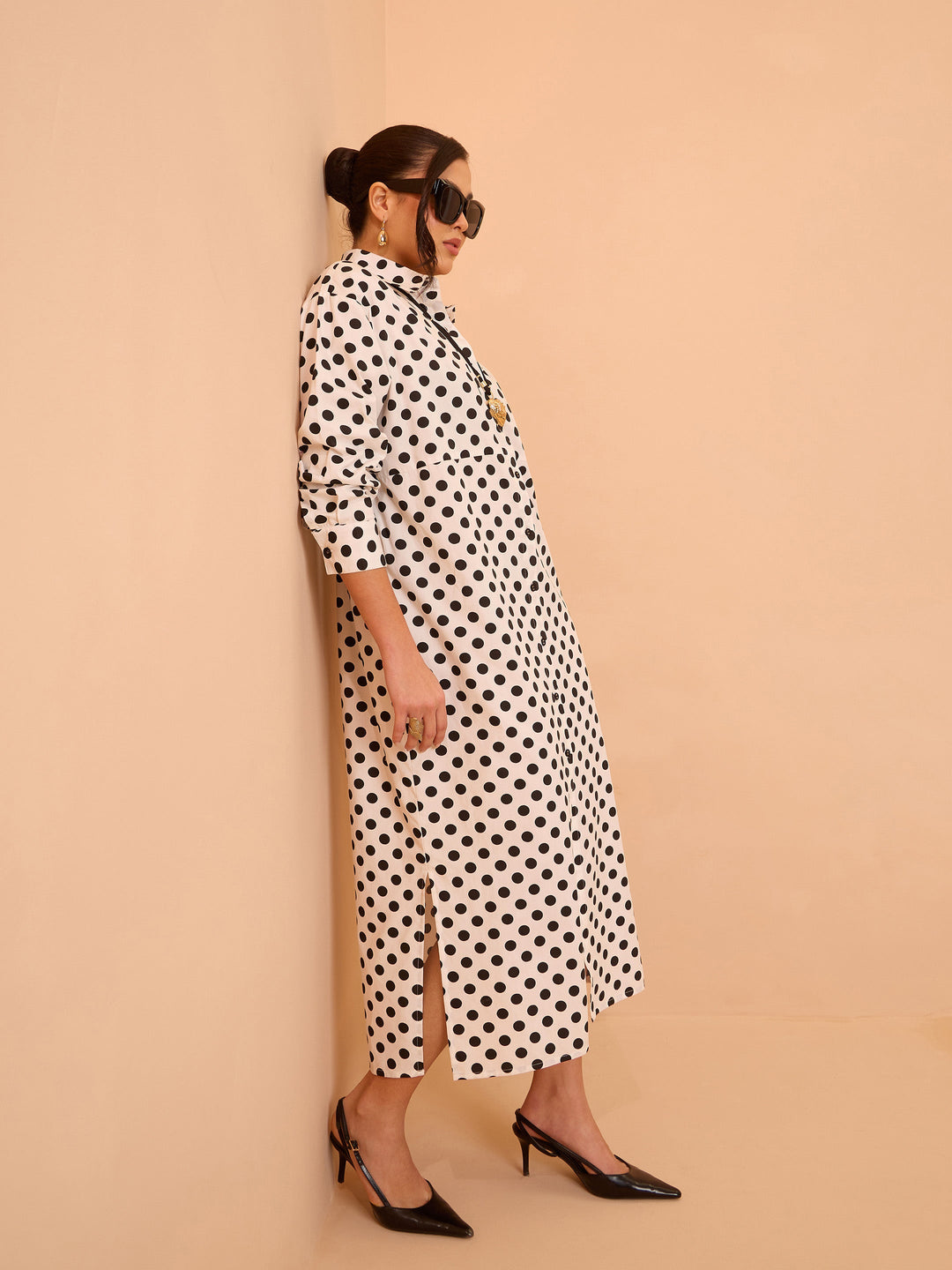 Women White &amp; Black Small Polka Dot Longline Shirt Dress
