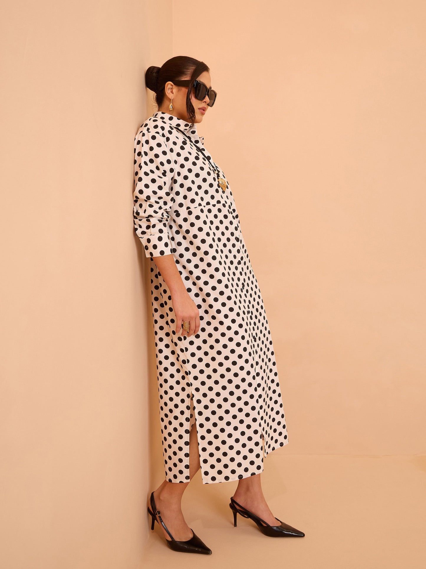Women White & Black Small Polka Dot Longline Shirt Dress