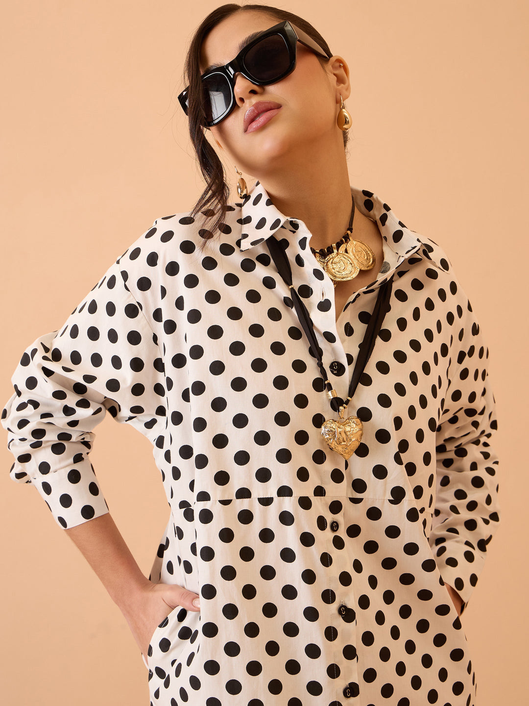 Women White &amp; Black Small Polka Dot Longline Shirt Dress