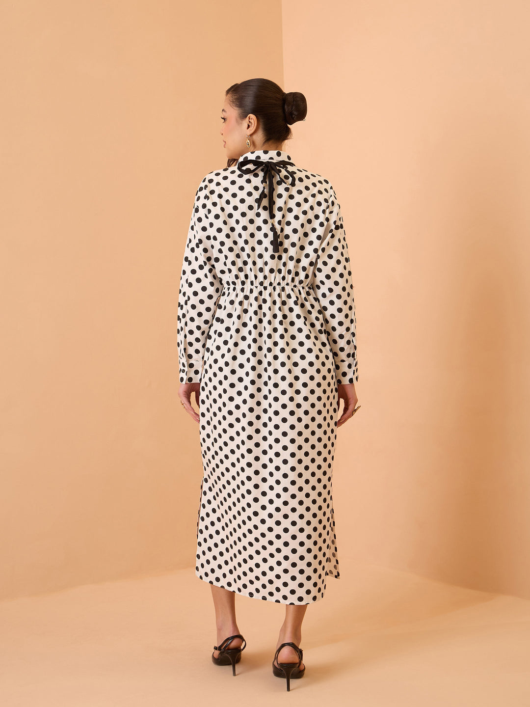 Women White &amp; Black Small Polka Dot Longline Shirt Dress