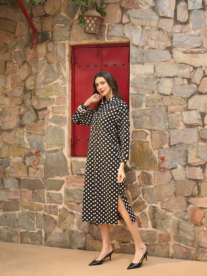 Women Black &amp; White Small Polka Dot Longline Shirt Dress