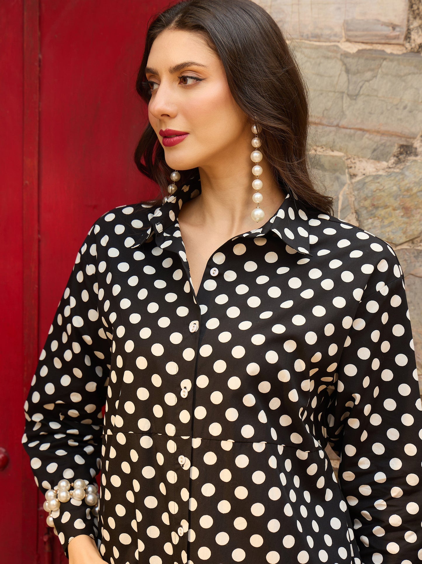 Women Black & White Small Polka Dot Longline Shirt Dress