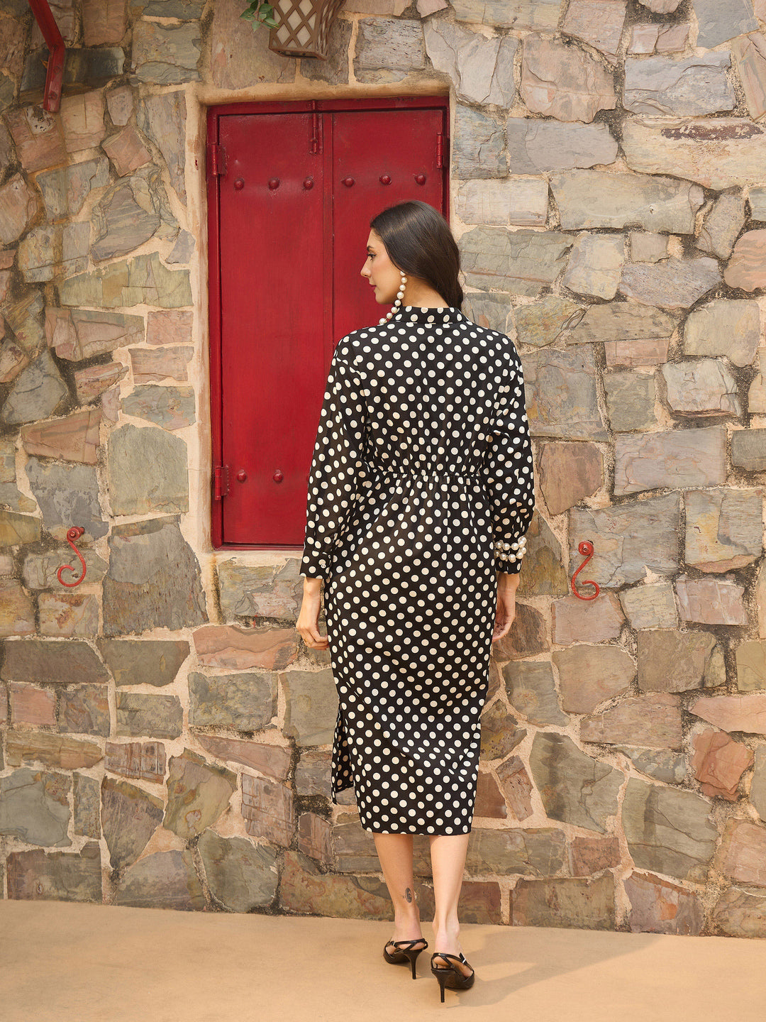Women Black &amp; White Small Polka Dot Longline Shirt Dress