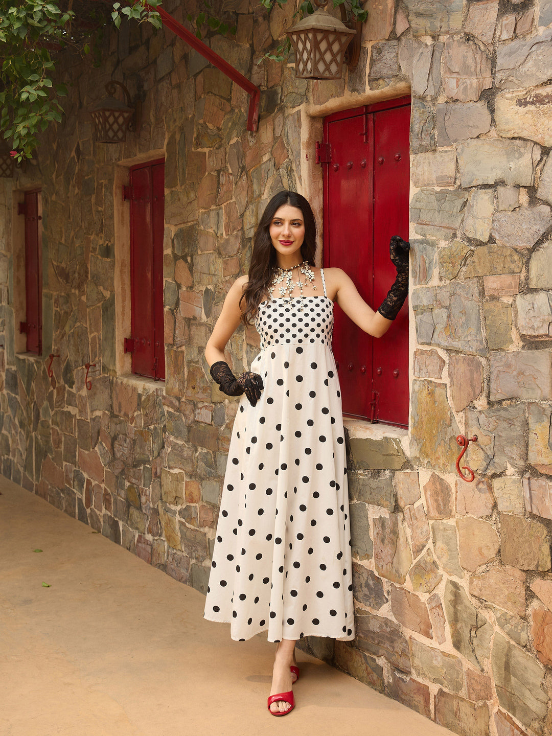Women White &amp; Black Polka Dot Strappy Maxi Dress