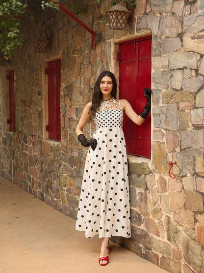 Women White & Black Polka Dot Strappy Maxi Dress