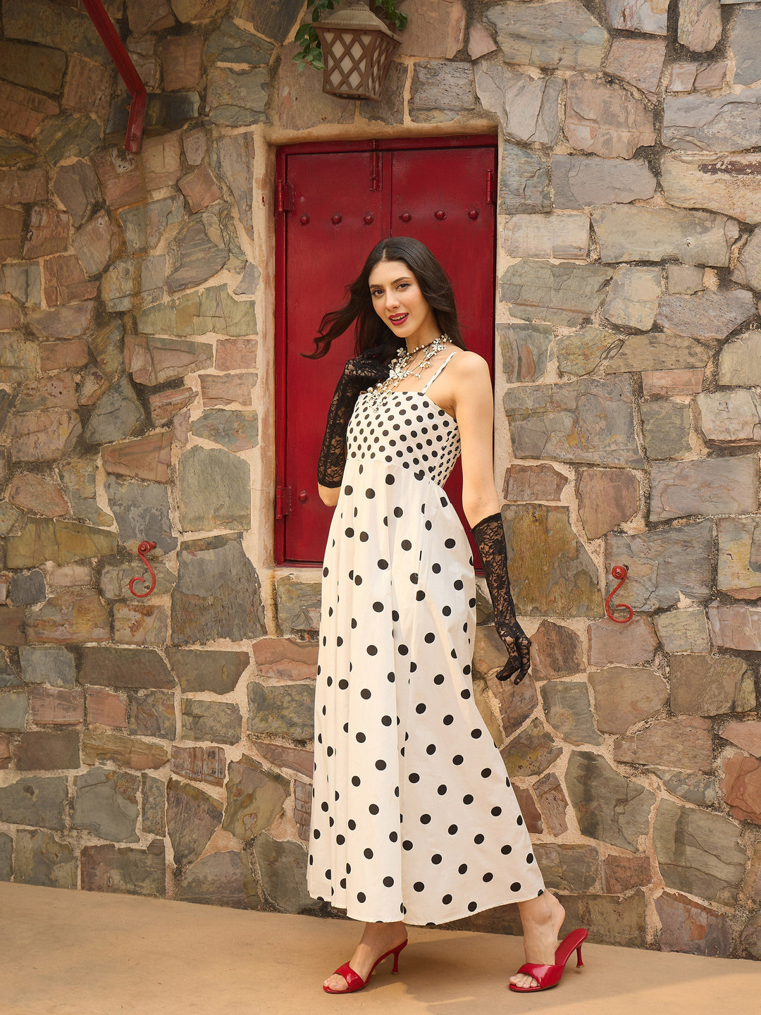 Women White &amp; Black Polka Dot Strappy Maxi Dress