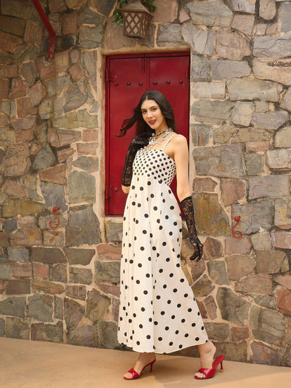 Women White & Black Polka Dot Strappy Maxi Dress