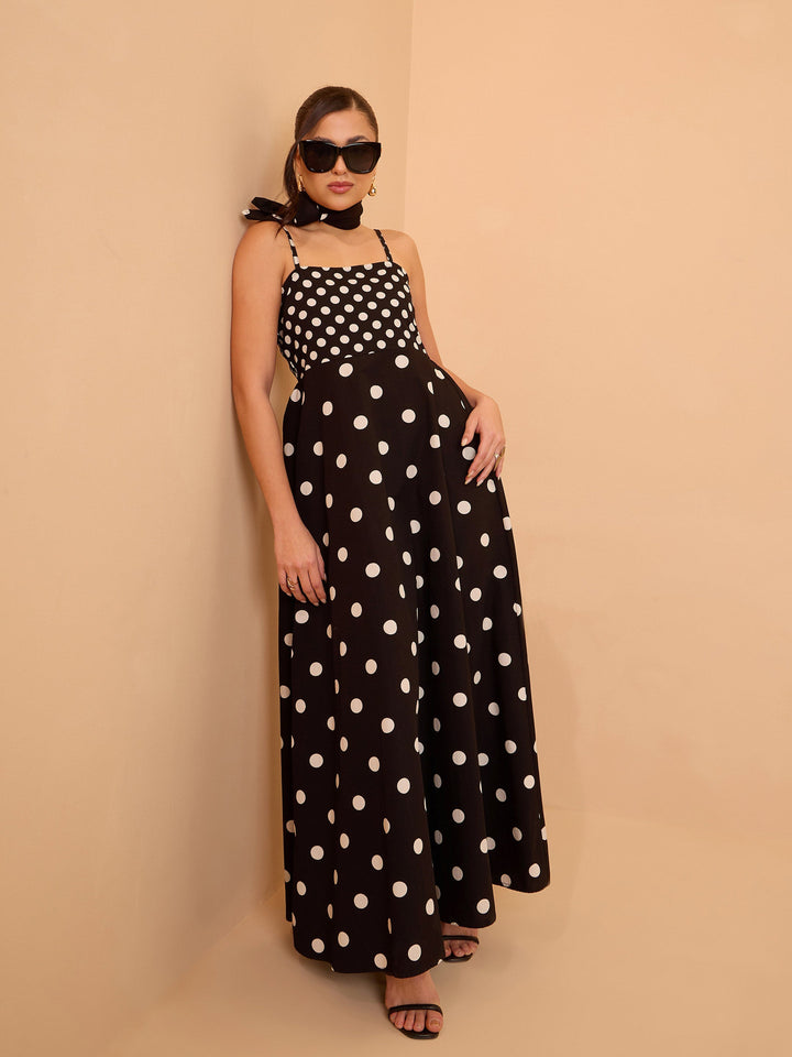 Women Black &amp; White Polka Dot Strappy Maxi Dress