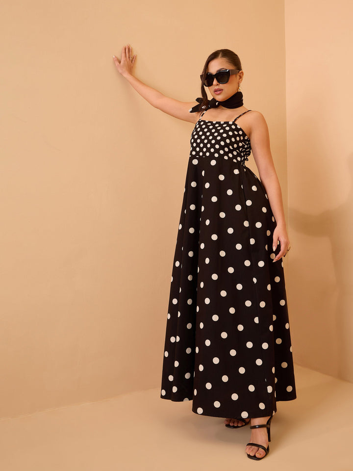 Women Black &amp; White Polka Dot Strappy Maxi Dress