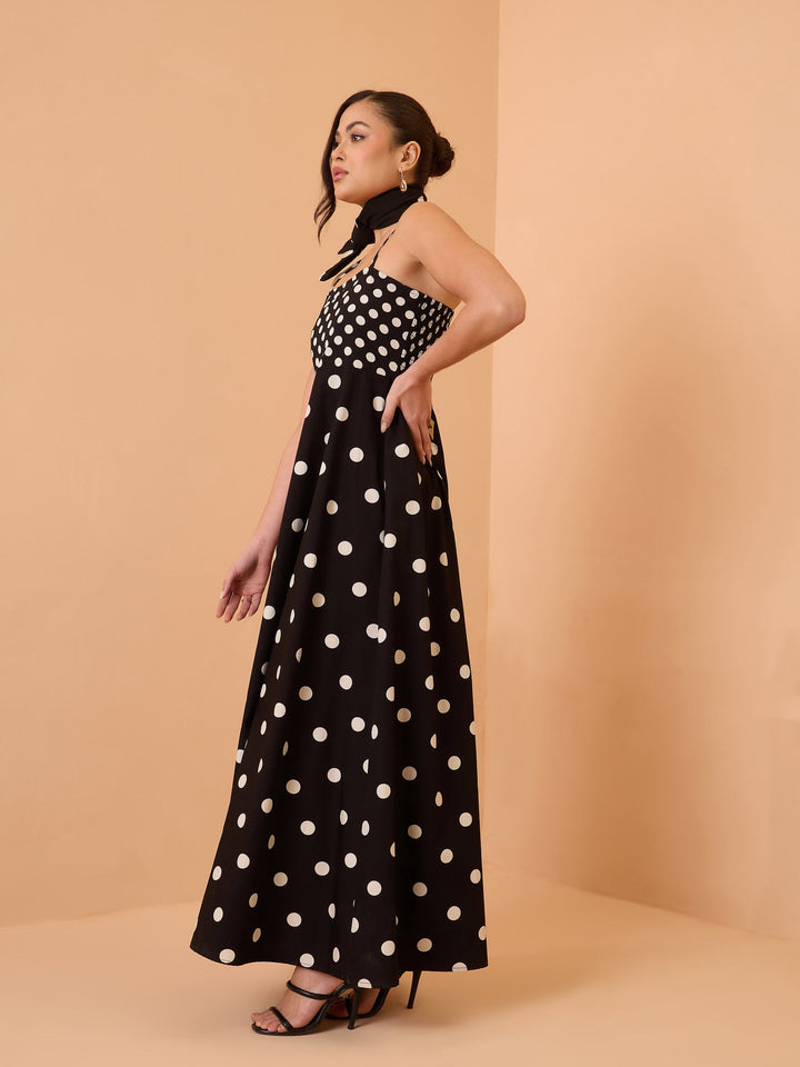 Women Black &amp; White Polka Dot Strappy Maxi Dress