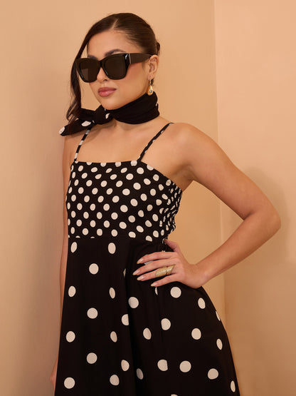 Women Black & White Polka Dot Strappy Maxi Dress