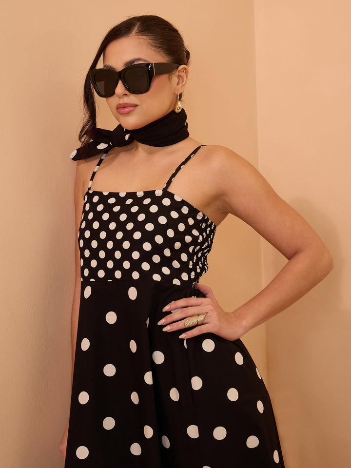 Women Black &amp; White Polka Dot Strappy Maxi Dress