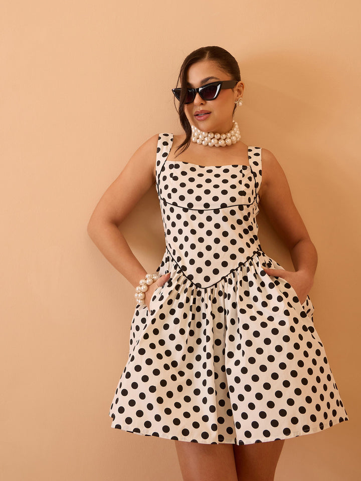 Women White &amp; Black Small Polka Dot Strappy Short Dress