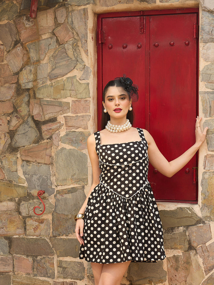 Women Black &amp; White Small Polka Dot Strappy Short Dress