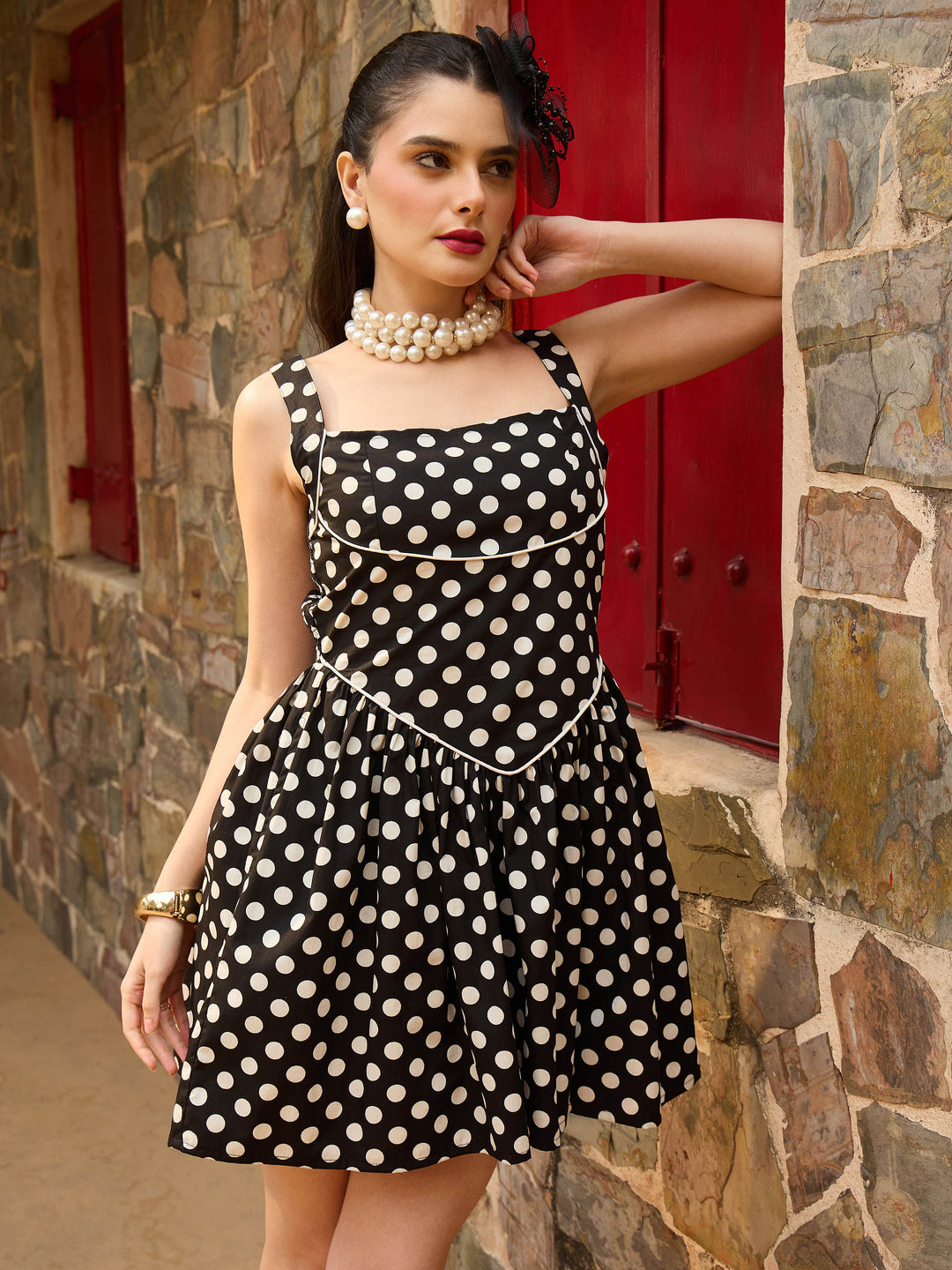 Women Black &amp; White Small Polka Dot Strappy Short Dress