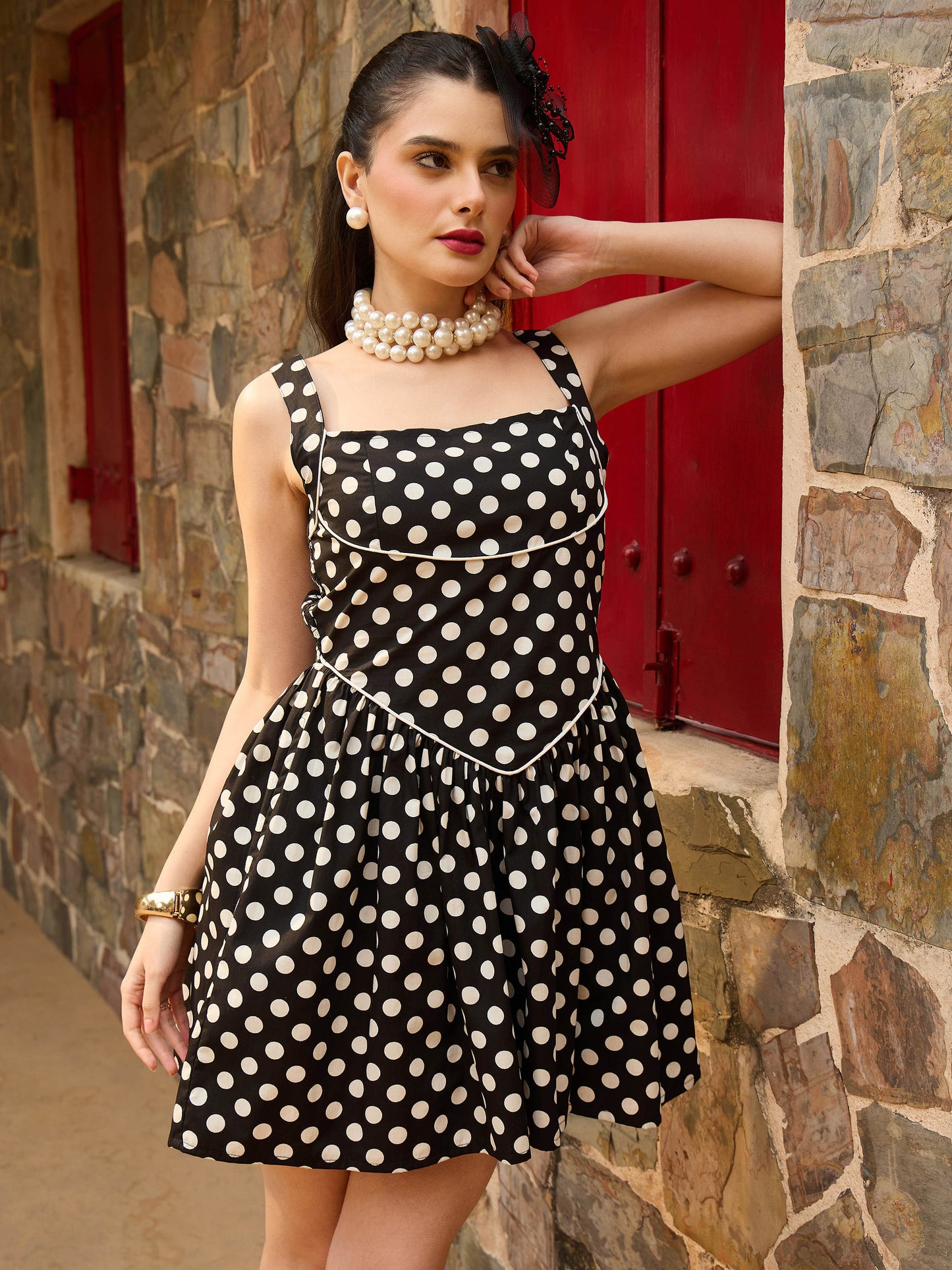Women Black & White Small Polka Dot Strappy Short Dress