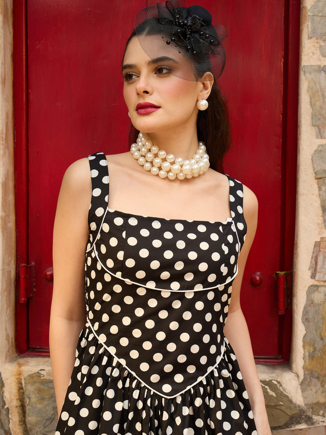 Women Black &amp; White Small Polka Dot Strappy Short Dress