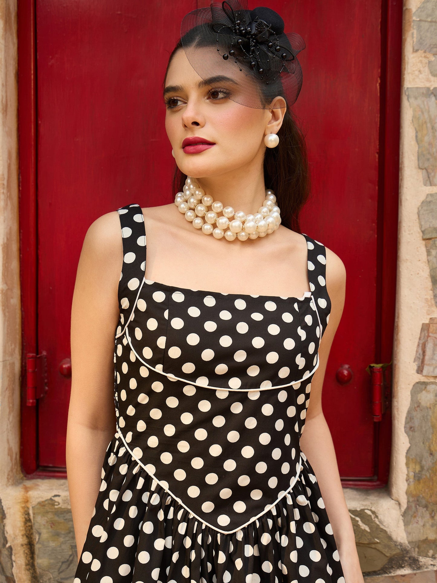 Women Black & White Small Polka Dot Strappy Short Dress