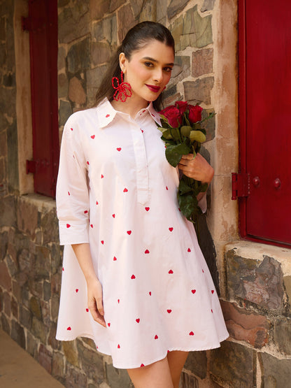 Women White & Red Heart Print Collar Neck Short Dress