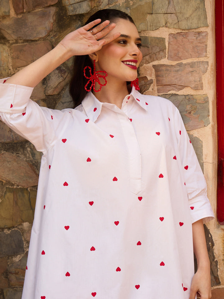 Women White &amp; Red Heart Print Collar Neck Short Dress