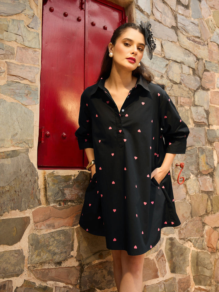 Women Black &amp; Pink Heart Print Collar Neck Short Dress