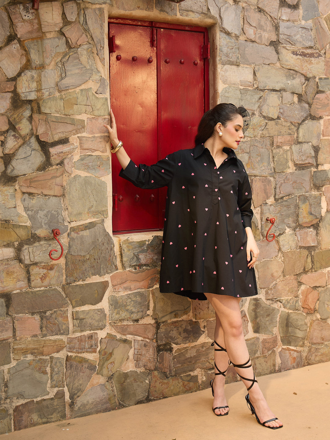 Women Black &amp; Pink Heart Print Collar Neck Short Dress