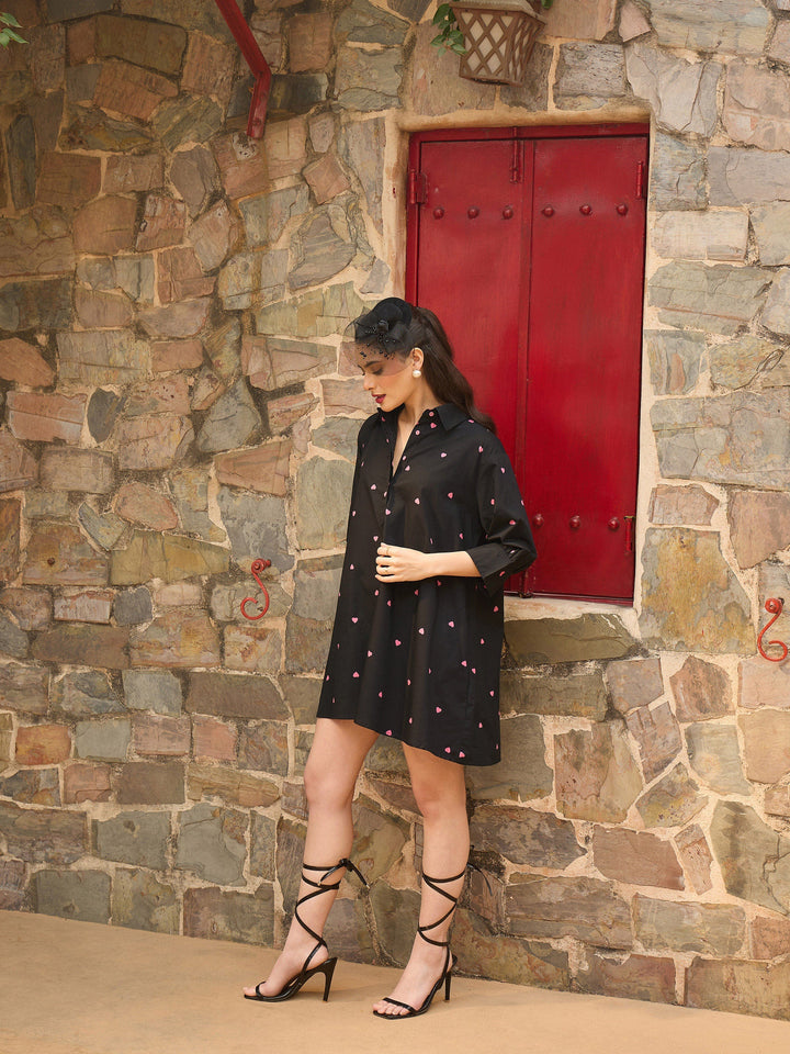 Women Black &amp; Pink Heart Print Collar Neck Short Dress