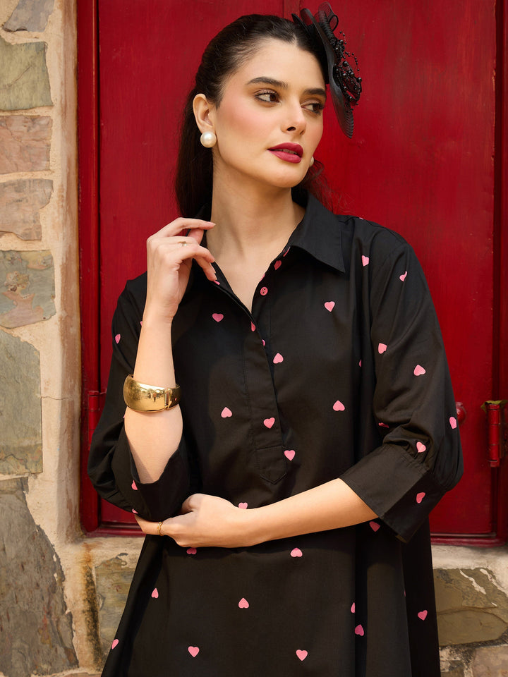 Women Black &amp; Pink Heart Print Collar Neck Short Dress