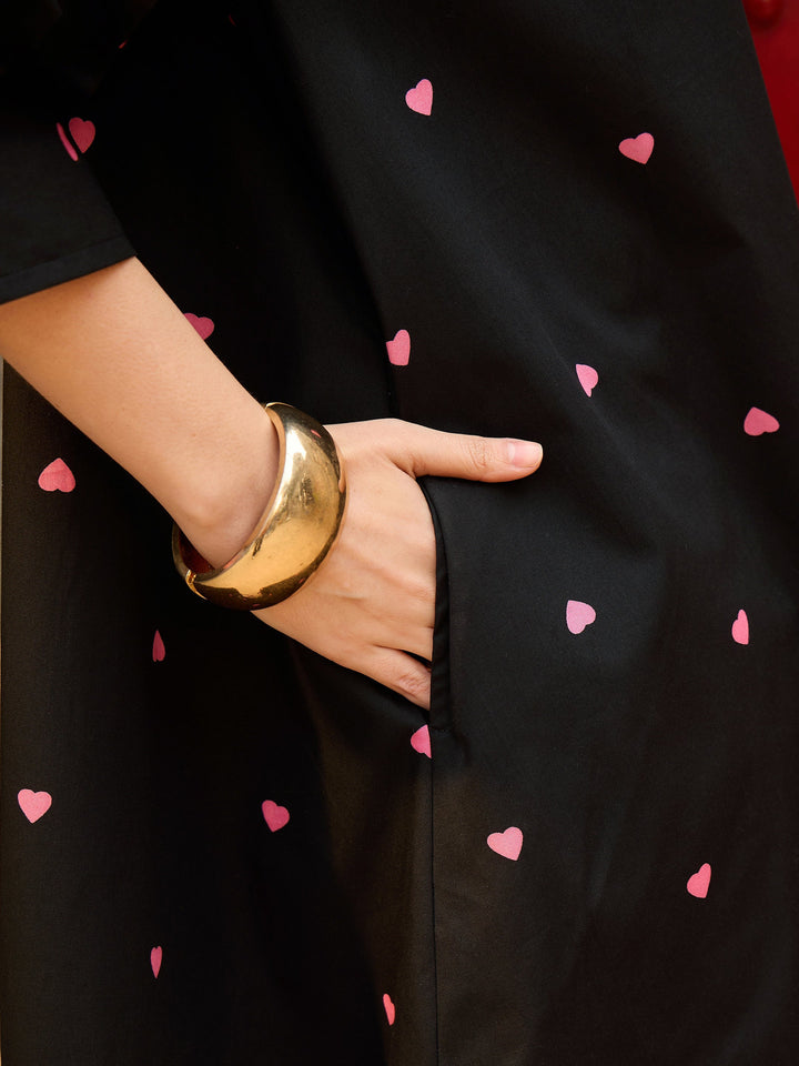Women Black &amp; Pink Heart Print Collar Neck Short Dress