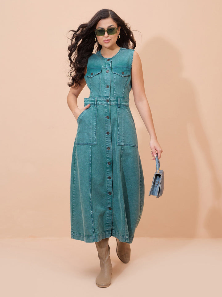 Women Blue Denim Acid Wash Waist Cut-Out Midi Dress