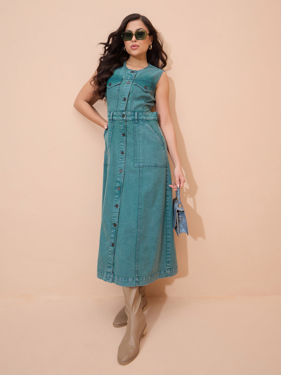 Women Blue Denim Acid Wash Waist Cut-Out Midi Dress