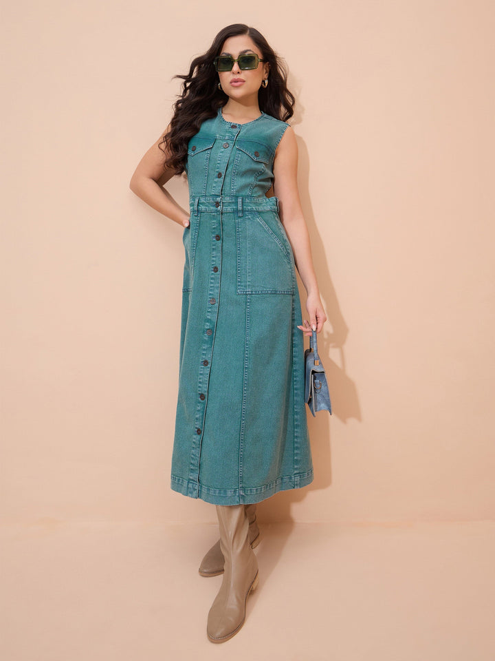 Women Blue Denim Acid Wash Waist Cut-Out Midi Dress