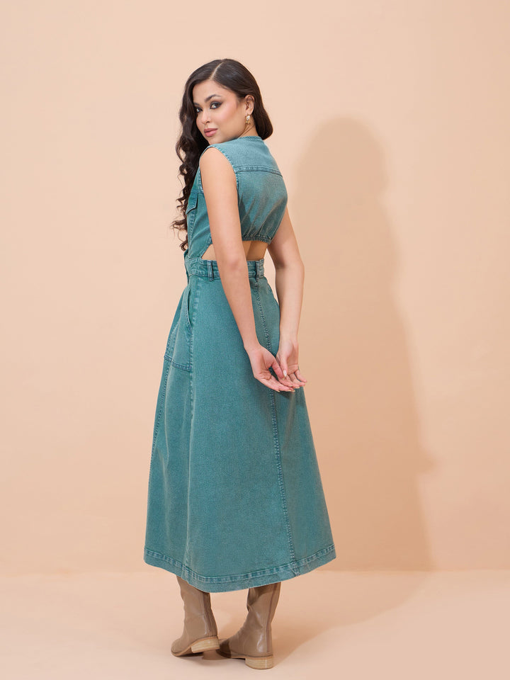Women Blue Denim Acid Wash Waist Cut-Out Midi Dress
