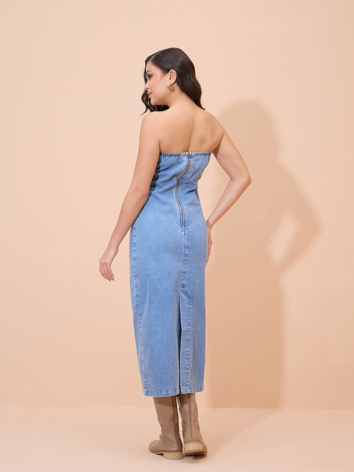 Women Blue Denim Wash Tube Dress