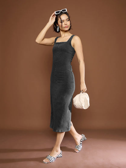 Women Black Denim Wash Strappy Midi Dress