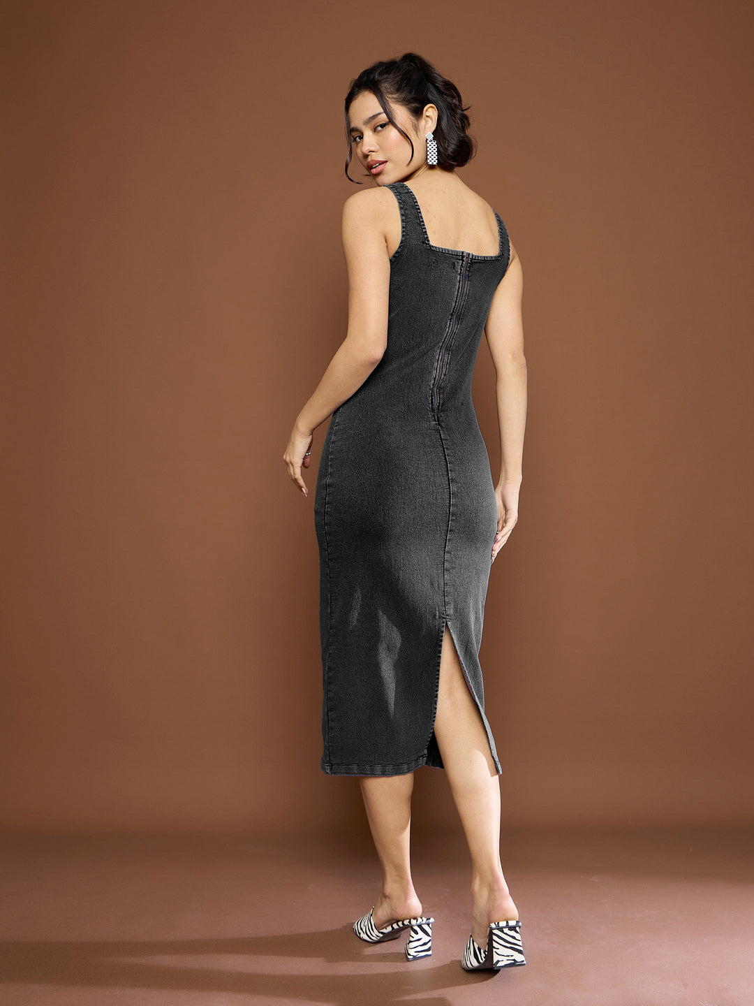 Women Black Denim Wash Strappy Midi Dress