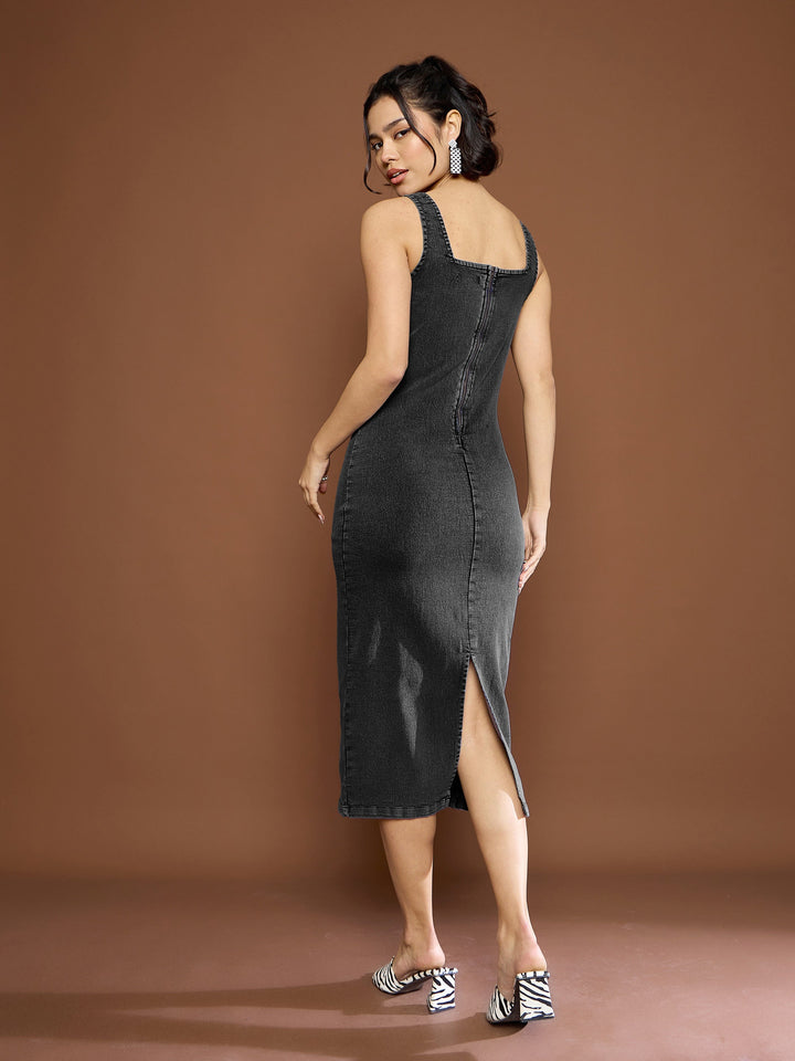 Women Black Denim Wash Strappy Midi Dress
