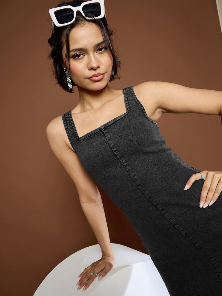 Women Black Denim Wash Strappy Midi Dress